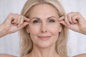 אישה מותחת בעדינות את עור הפנים כדי להמחיש מיצוק עור ושיפור מראה צעיר